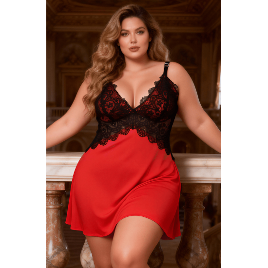 YesX YX736Q Plus Size Red Satin & Black Lace Chemise Nightdress YesX YX736Q Plus Size Red Satin & Black Lace Chemise Nightdress